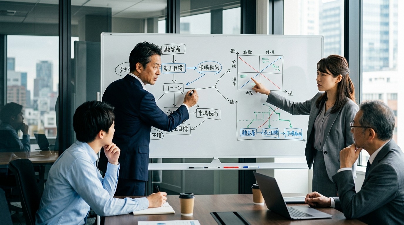 ホワイトボードで経営計画を議論するビジネスパーソン