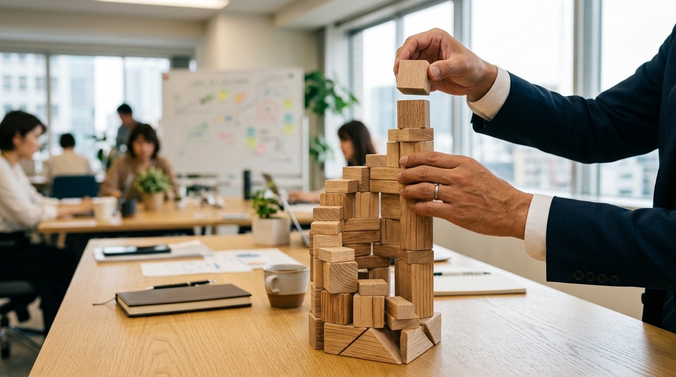 積み木を積み上げて成長を表現するビジネスイメージ