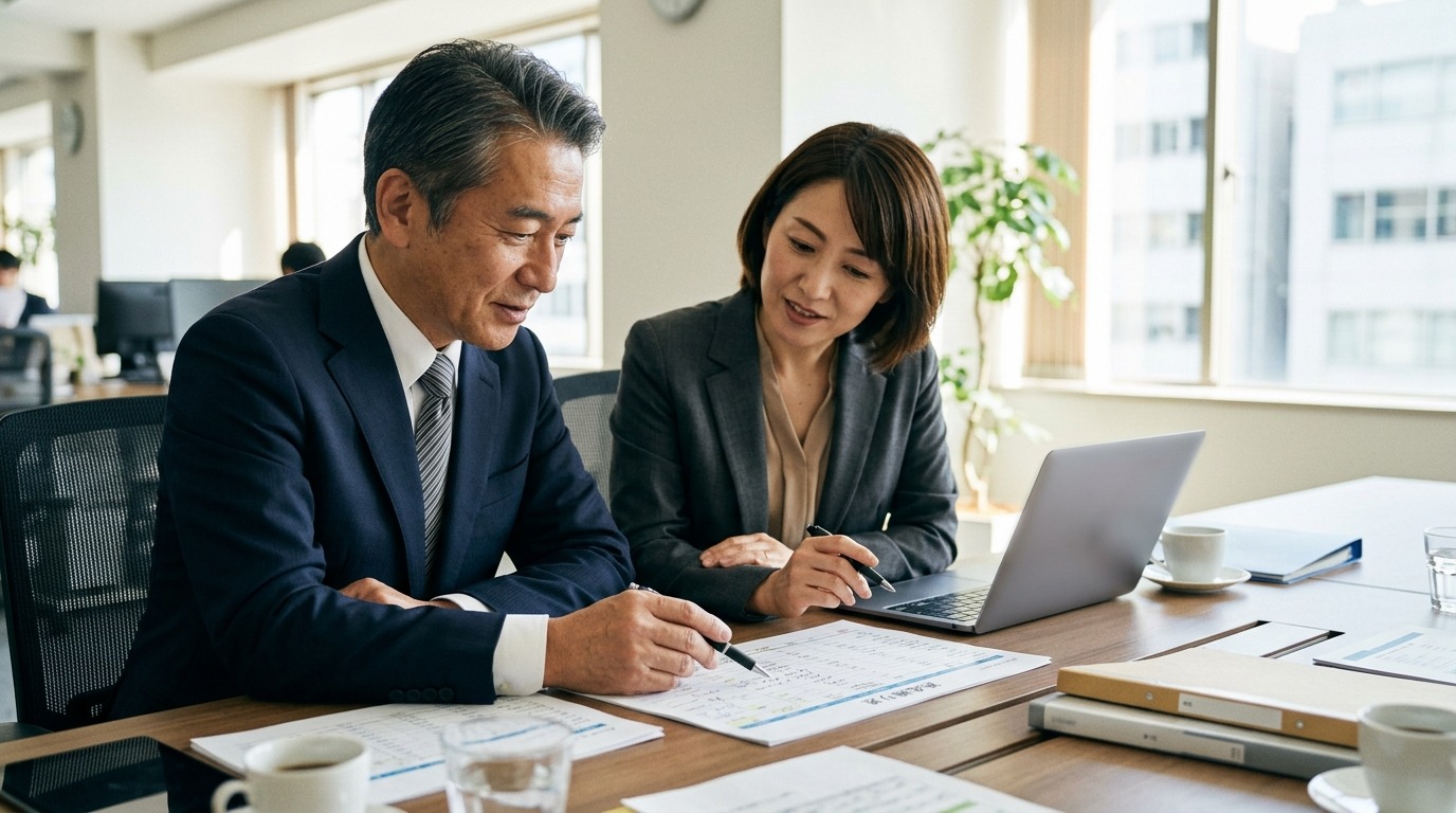 社長と並んで資金繰り表を確認する財務専門家