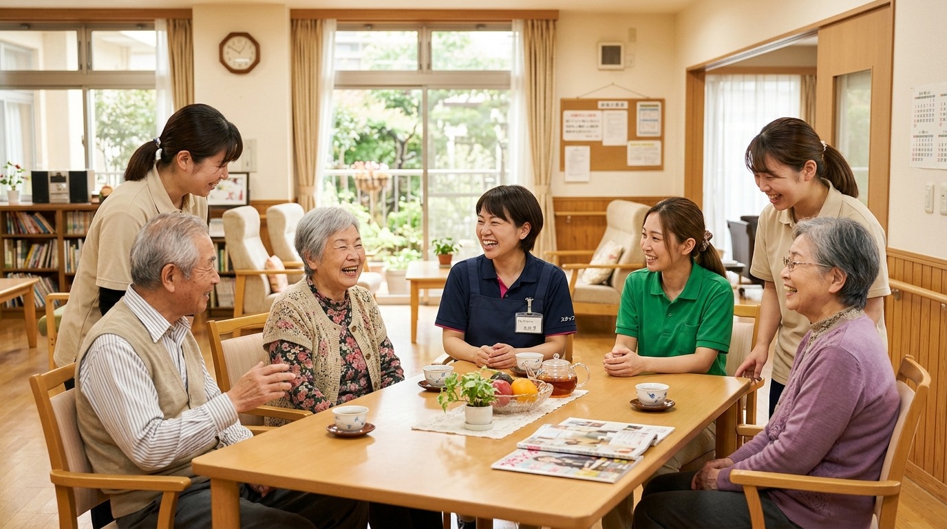 グループホームの共用リビングで談笑する入居者とスタッフ