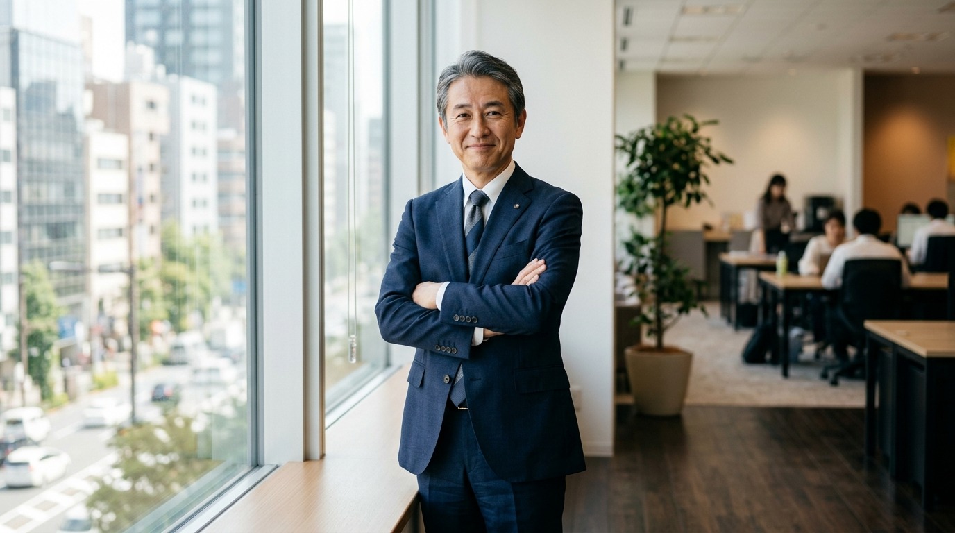 窓際で穏やかに微笑むビジネスマンのポートレート