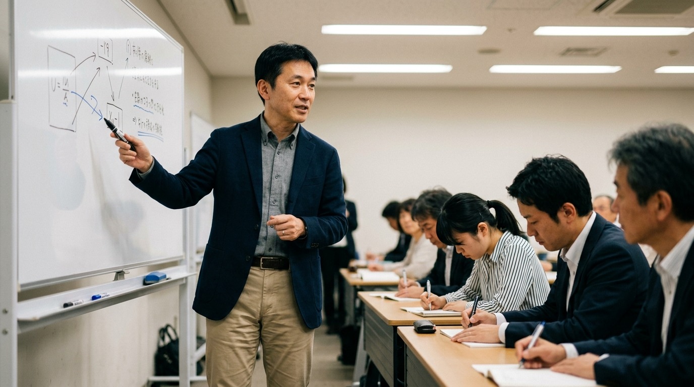 ホワイトボードの前で講義する講師と受講者たち